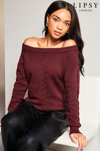 Lipsy Berry Red Cable Knitted Off The Shoulder Jumper (P98513) | £32