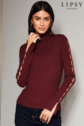 Lipsy Berry Red High Neck Embellished Open Sleeve Knitted Jumper (P98516) | £36