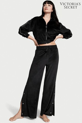 Victoria's Secret Pure Black Velour Wide Leg Pant With Diamante Snaps (P98543) | £49