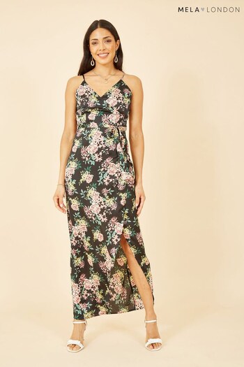 Mela Black Multi Satin Floral Wrap Maxi Dress (P98581) | £45
