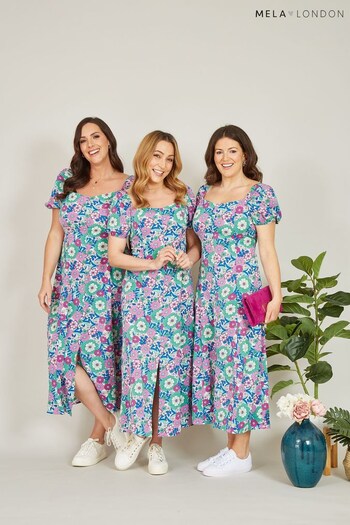 Mela Pink & Blue Multi Retro Flower Print Puff Sleeve Midi Dress (P98585) | £40