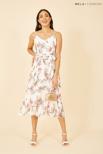 Mela Cream Multi Floral Strappy Pleated Midi Dress (P98588) | £40