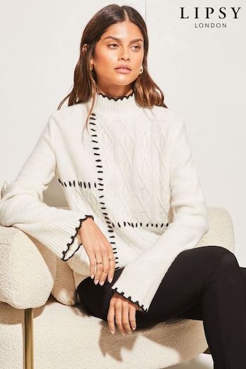 Lipsy Ivory White Petite Whipstitch High Neck Flute Sleeve Knitted Jumper (P98595) | £47