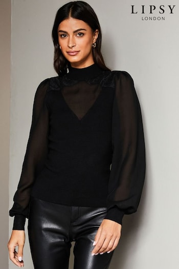 Lipsy Black Petite Sheer Insert High Neck Knitted Jumper (P98599) | £39
