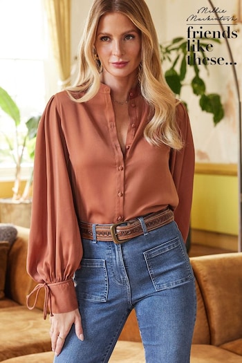 Friends Like These Rust Brown Tie Cuff Puff Sleeve Button Through Blouse (P98718) | £37