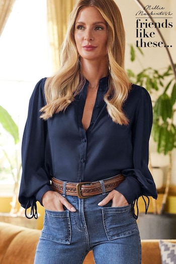 Friends Like These Navy Blue Tie Cuff Puff Sleeve Button Through Blouse (P98720) | £37