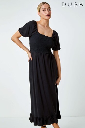 Dusk Black Shirred Frill Hem Stretch Dress (P98730) | £40