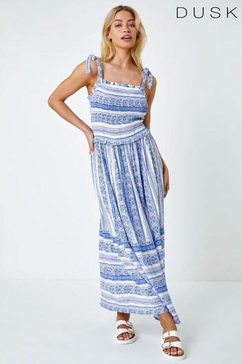 Dusk Blue Border Print Shoulder Tie Maxi Dress (P98734) | £50