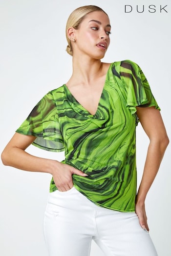 Dusk Green Swirl Print Stretch Cut Out Top (P98746) | £38