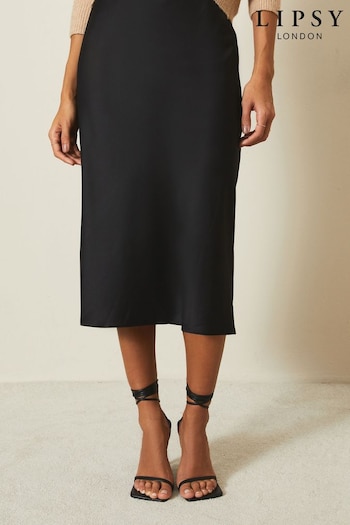 Lipsy Solid Black Petite Satin Bias Cut Midi Skirt (P98748) | £30