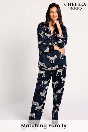 Chelsea Peers Navy Zebra Satin Button Up Pyjama Set (P99076) | £48