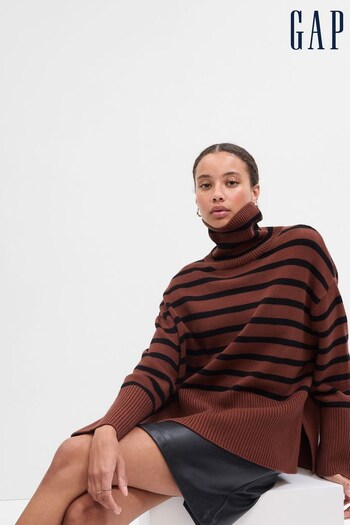 Gap Brown Relaxed Stripe Turtle Neck Tunic Jumper (P99276) | £45