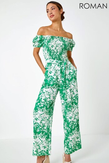 Roman Green & White Ditsy Floral Stretch Shirred Jumpsuit (P99630) | £42