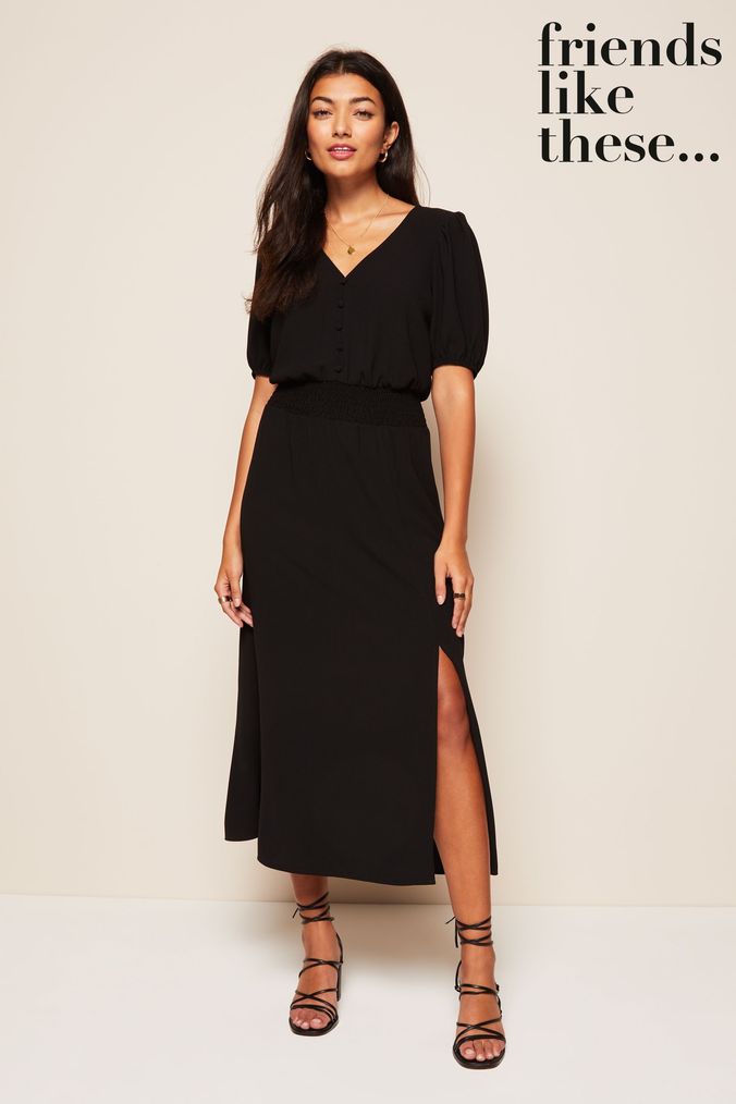 Hair Masks & Treatments Black Puff Sleeve Ruched Waist V Neck Midi Summer Dress (P99811) | £36