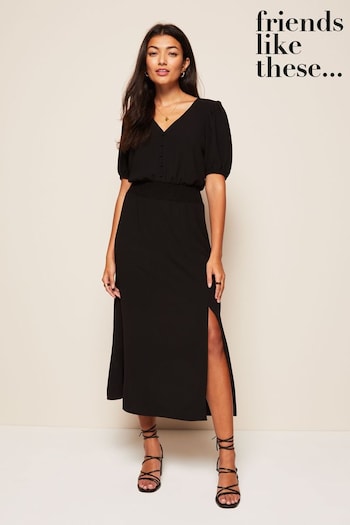 Friends Like These Black Puff Sleeve Ruched Waist V Neck Midi Summer Dress (P99811) | £38