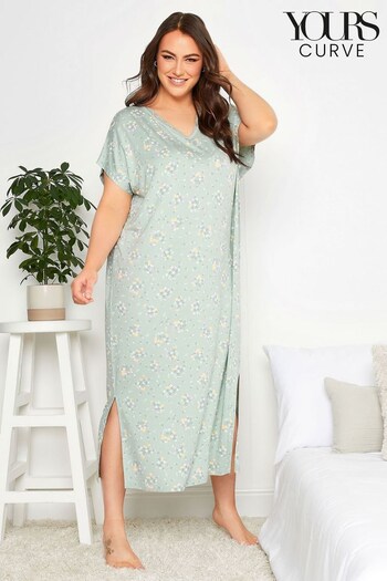 Yours Curve Green V-Neck Lace Trim Midaxi Nightdress (Q01051) | £24