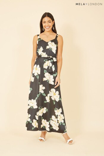 Mela Black Multi Satin Floral Print Maxi Dress (Q01105) | £55