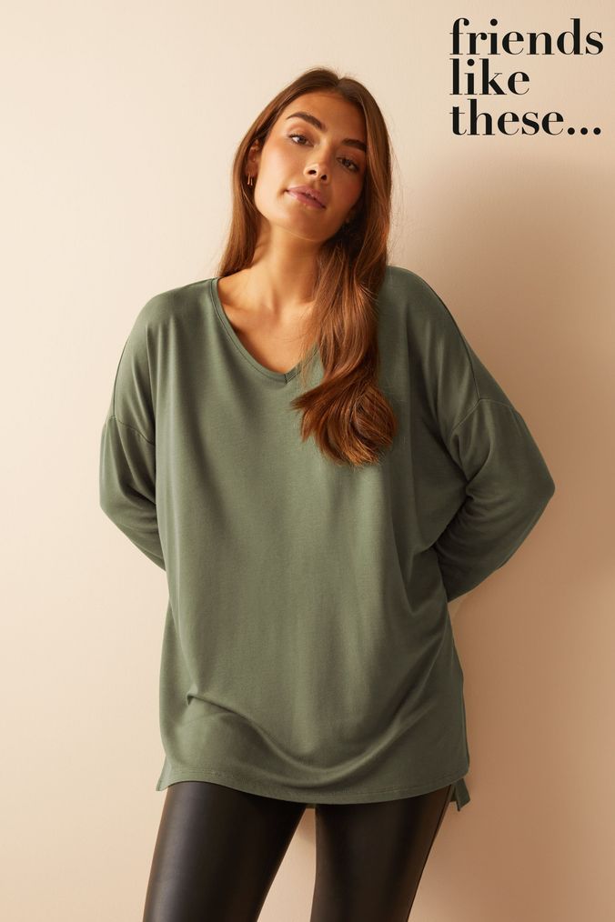 Friends Like These Green Khaki Soft Jersey V Neck Long Sleeve Tunic Top (Q01161) | £22