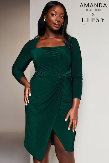 Lipsy Green Curve Long Sleeve Ruched Knot Jersey Midi Dress With Split (Q01169) | £31
