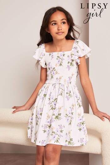 Lipsy White Floral Shirred Bodice Short Sleeve Dress (3yrs-16yrs) (Q01292) | £24 - £32