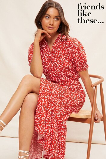 DECORATIONS & HOME Red Ditsy Short Sleeve Button Up Shirt Dress (Q01396) | £45