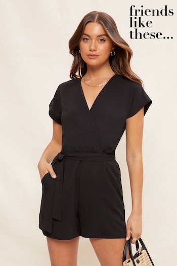 Friends Like These Black Woven Short Sleeve Wrap Playsuit (Q01437) | £35
