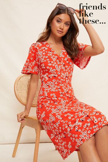 Friends Like These Red Floral Short Flutter Sleeve Button Mini Dress (Q01809) | £42