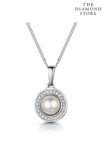 The Diamond Store White Pearl and Diamond Halo Stellato Pendant Necklace in 9K White Gold (Q01967) | £279
