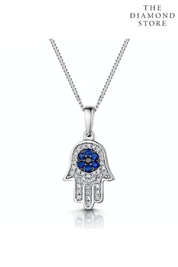 The Diamond Store Blue Sapphire Black Diamond Hamsa Evil Eye Pendant Necklace 9K White Gold (Q01968) | £399