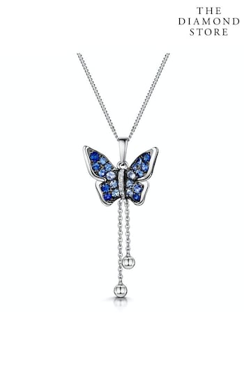 The Diamond Store Blue Stellato Sapphire Diamond Butterfly Pendant Necklace 9K White Gold (Q01969) | £395