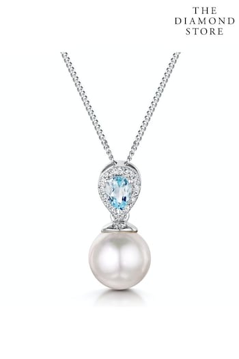 The Diamond Store Blue Pearl and Blue Topaz and Diamond Pendant Necklace in 9K White Gold (Q01972) | £245