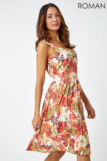Roman Orange Multi Tropical Leaf Stretch Jersey Dress (Q02568) | £40