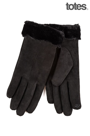 Totes Black Isotoner Ladies One Point Faux Suede Glove with Faux Fur Cuff Detail (Q03915) | £20