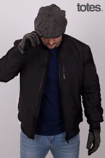Totes Black Mens Baker Boy Tweed Cap and Gloves Set with Suede Palm (Q03971) | £35