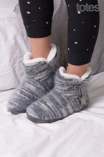 Totes Grey Ladies Fluffy Knit Moon & Stars Boot Slippers (Q04008) | £30