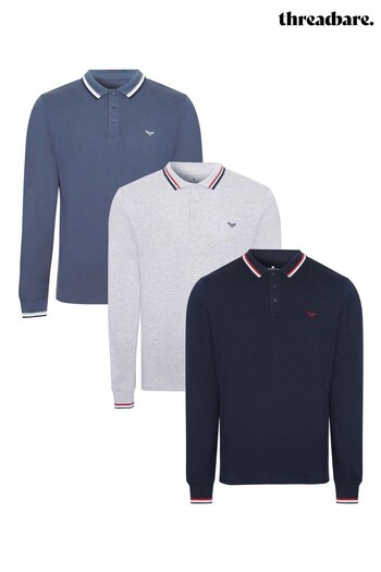 Threadbare Blue 3 Pack Cotton Long Sleeve Polo Shirts (Q04677) | £45