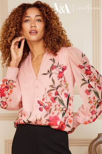 V&A | Love & Roses Pink Printed Sheer Puff Sleeve V Neck Long Sleeve Button Up Blouse (Q04821) | £44