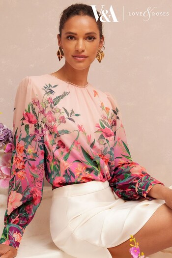 V&A | Love & Roses Pink Petite Floral Placement Long Sleeve Blouse (Q04822) | £44