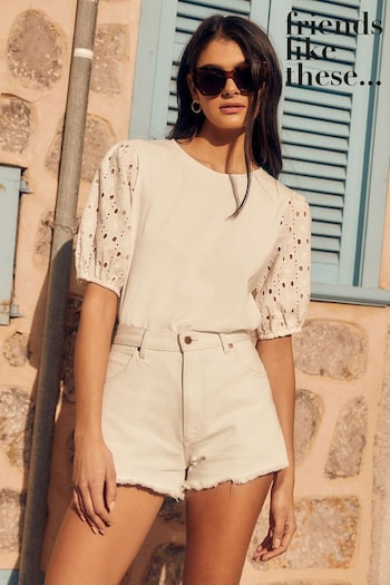 Jumpsuits & Playsuits White Broderie Puff Sleeve Round Neck Top (Q05411) | £26