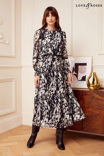 Love & Roses Black and White Texture Petite Printed Belted Long Sleeve Midi Dress (Q05652) | £59