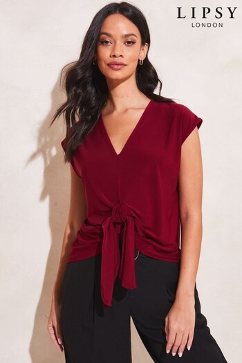 Lipsy Berry Red Twist Front V Neck Short Sleeve Jersey Top (Q05701) | £28