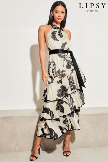 Lipsy Black and White Print Petite Printed Halter Tiered Belted Midi Dress (Q05706) | £78