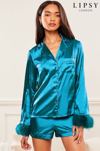 Lipsy Blue Petite Satin Feather Long Sleeve Shirt Pyjamas (Q05841) | £46