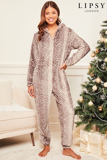Lipsy Brown Christmas Reindeer Cosy Hooded Long Sleeve Full Onesie (Q05843) | £39