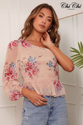 Chi Chi London Pink Multi Long Sleeve One-Shoulder Floral Top (Q05948) | £60