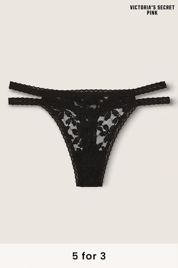 Victoria's Secret PINK Pure Black Black Strappy Lace Thong Knickers (Q06598) | £9
