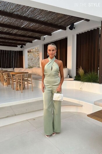In The Style Green Perrie Sian Satin Cross Front Jumpsuit (Q06792) | £50