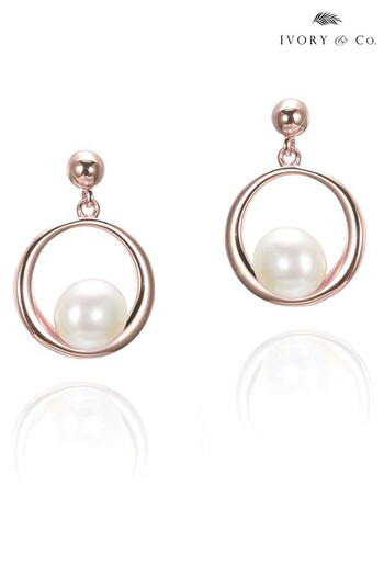 Ivory & Co Rose Gold Memphis Designer Pearl Hoop Drop Earrings (Q06798) | £35