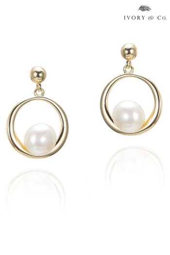Ivory & Co Gold Memphis Designer Pearl Hoop Drop Earrings (Q06806) | £35