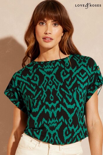 Love & Roses Green Aztec Roll Sleeve Round Neck T Shirt (Q06954) | £26